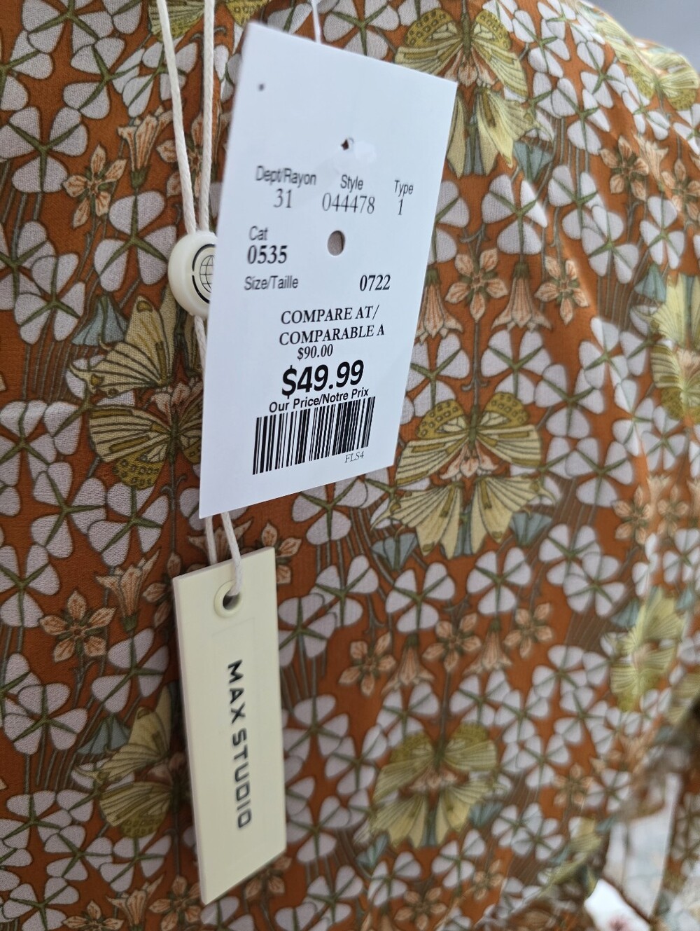 Max Studio Short Sleeve Tuered Crepe Dress Brown Orange green color sz S. NWT - Picture 5 of 6